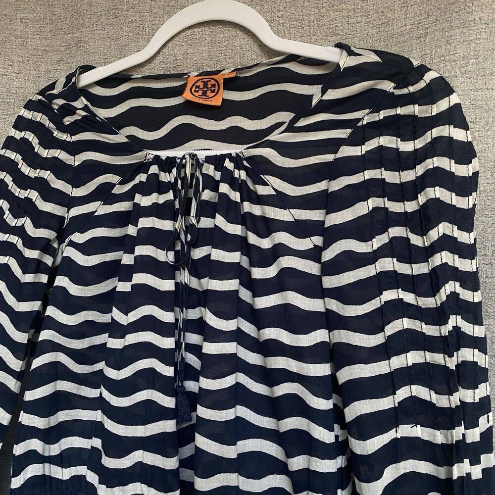 Tory Burch Striped Top 4 Tassel Tie Long Sleeve Tunic Nautical Cover Up Sheer